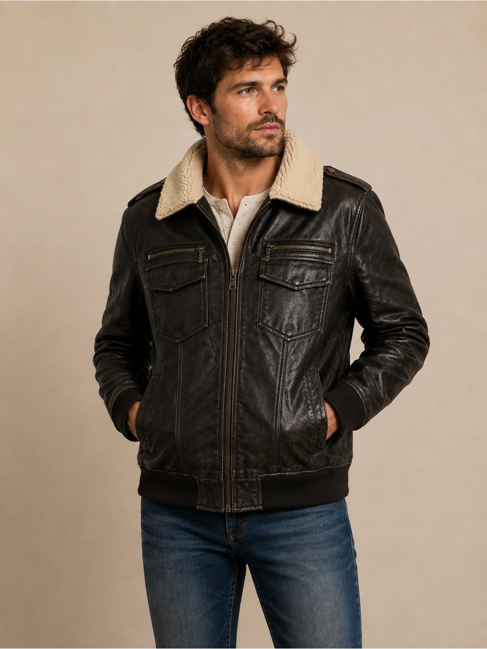 Tommy Hilfiger Men’s Sherpa Lined Faux Leather Aviator Bomber Jacket Brown Large